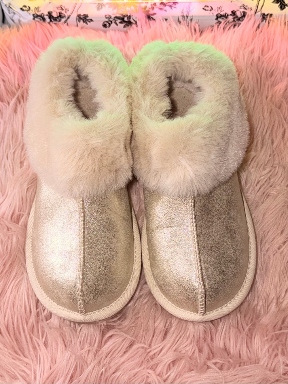 Faux Fur Lined Metallic Slipper Boots - Gold